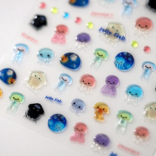卡通水母海洋生物果冻立体美甲贴纸背胶装饰指甲电脑手机平板贴画