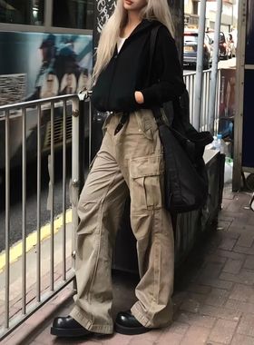 水洗做旧工装裤女牛仔裤潮牌vine手工磨破口袋直筒裤潮