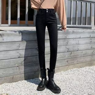 百搭双排竖扣紧身显瘦九分牛仔铅笔裤 新款 女秋冬季 黑色高腰小脚裤