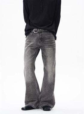 布老哥Blog美式复古水洗雾霾灰牛仔裤clf显高微喇修身裤子潮K709