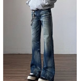 女夏季 宽松显瘦拖地长裤 新款 百搭喇叭裤 时尚 辣妹复古蓝微喇牛仔裤
