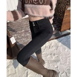 女 2025年洋气高腰紧身显瘦小脚牛仔裤 黑色弹力个性 提臀铅笔裤