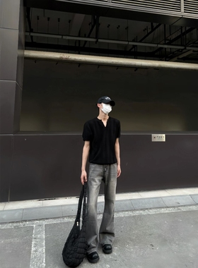 布老哥Blog美式复古水洗雾霾灰牛仔裤clf显高微喇修身裤子潮K709