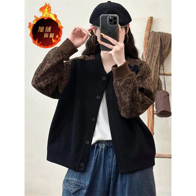 复古豹纹加绒保暖棒球服外套女款