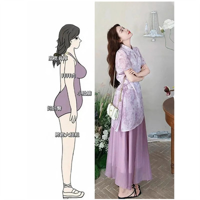 夏装搭配一整套大码胖mm新中式紫粉色盘扣上衣半身裙改良旗袍套装