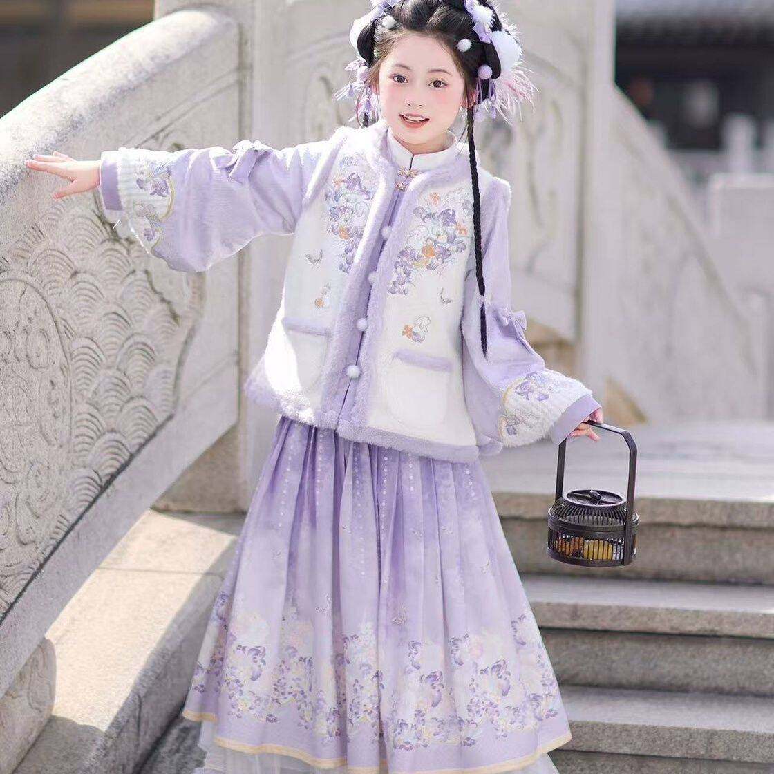 女童中国风马面裙套装加绒加厚女孩大童2025冬款儿童汉服拜年服唐