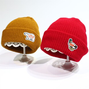 日系儿童帽子秋冬季双层薄款针织帽男童纯色毛线帽女童宝宝套头帽