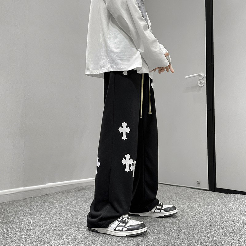 2024春季新款港风高街男士十字架印花拖地卫裤K3663P45控价58,男装休闲裤,电商B315