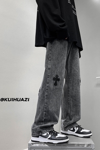 秋ins新款港风宽松拖地牛仔裤十字架长裤 K3651 P55控68图片