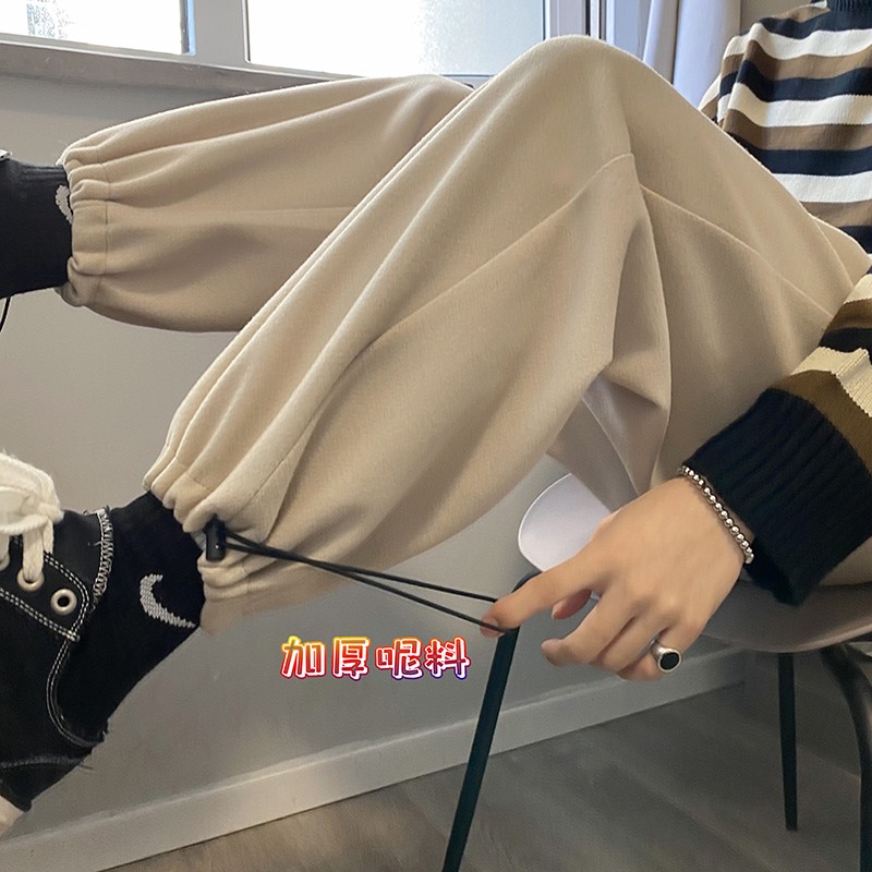 港风卫裤男秋冬呢料纯色休闲加绒加厚束脚裤男K2101 P50控68图片