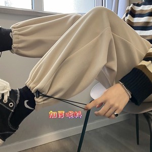港风卫裤男秋冬呢料纯色休闲加绒加厚束脚裤男K2101 P50控68图片