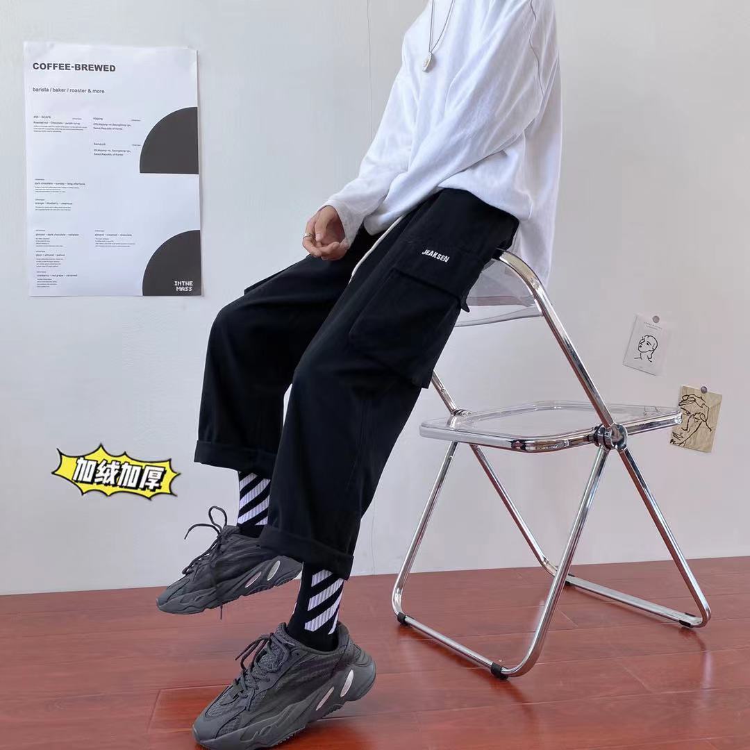 港风冬季潮流加绒加厚宽松字母刺绣休闲工装裤K2061P60控78,男装休闲裤,电商B315