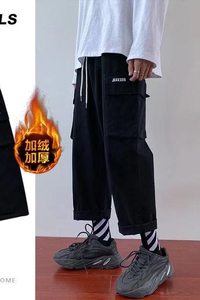 港风冬季潮流加绒加厚宽松字母刺绣休闲工装裤K2061 P60控78图片