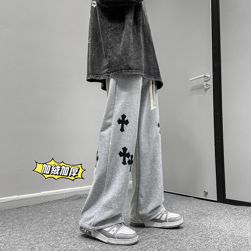冬季港风高街男士加绒加厚十字架印花拖地卫裤K3663JP55控68,男装休闲裤,电商B315