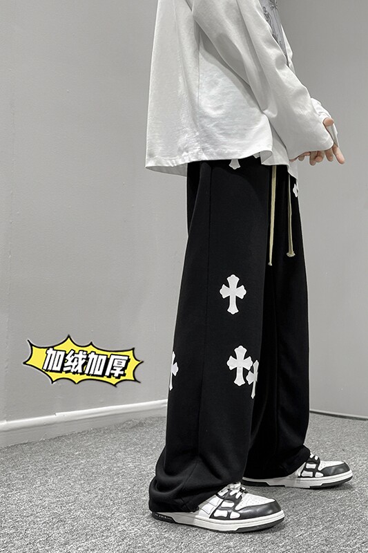冬季港风高街男士加绒加厚十字架印花拖地卫裤K3663JP55控68,男装休闲裤,电商B315