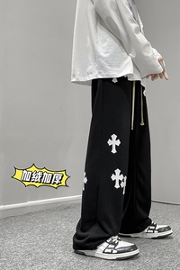 冬季港风高街男士加绒加厚十字架印花拖地卫裤K3663J P55控68图片