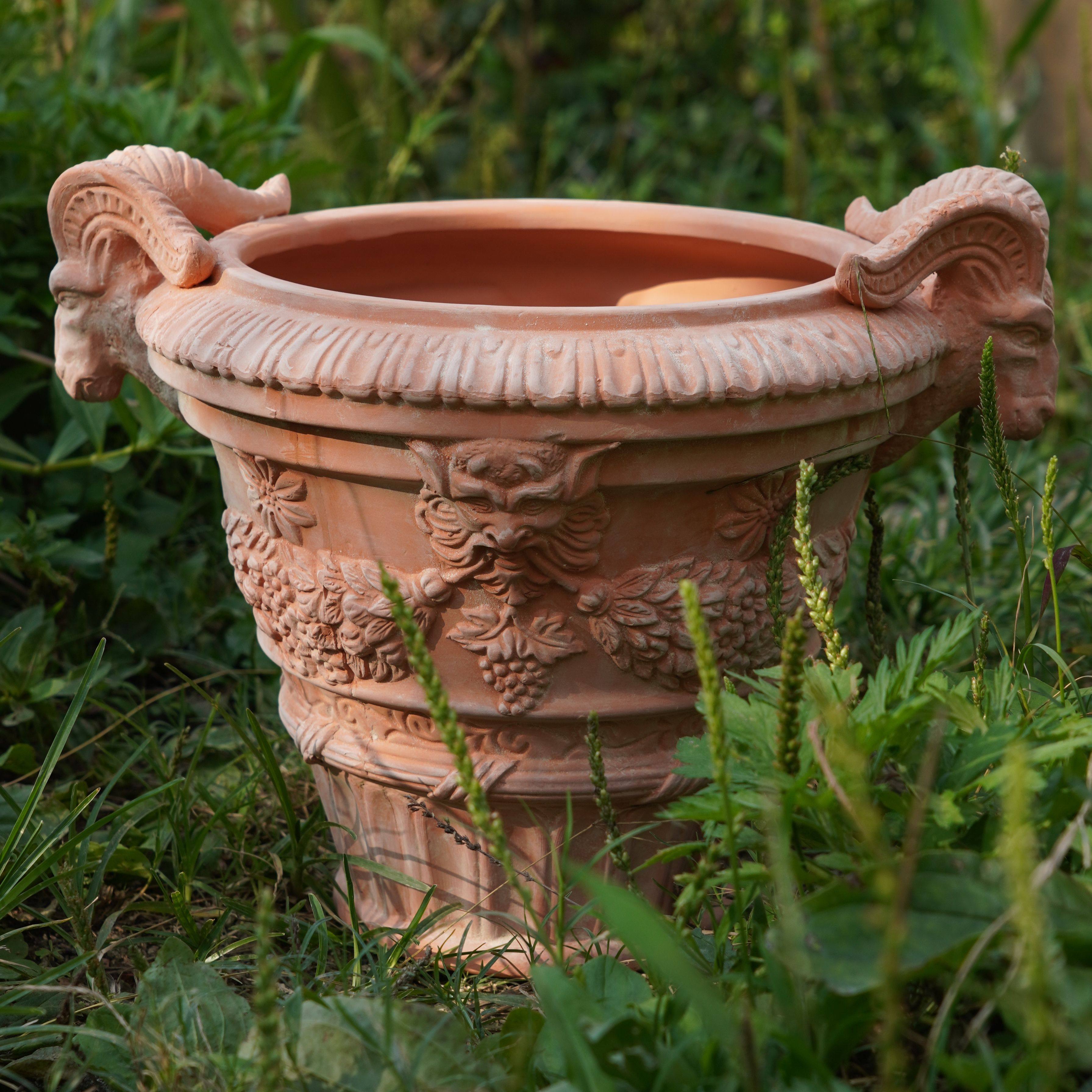 意大利罗马盆粗陶土盆手工羊头盆复古做旧陶瓷花盆户外庭院绿植盆