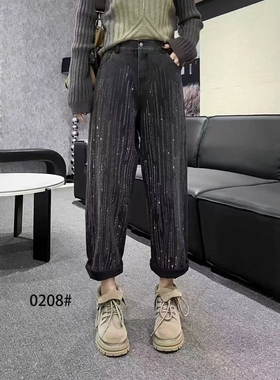【11.22慧姐大码女装】2025新款加绒牛仔满钻裤子XKM0208-