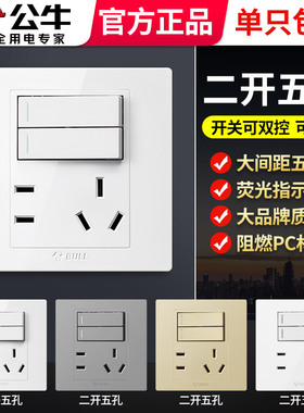 公牛二开五孔插座开关面板家用86型双开五孔双控二三两开5孔墙插