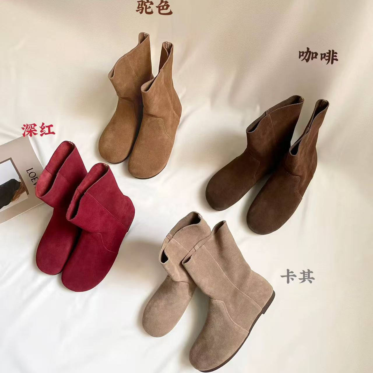 牛皮版森系真皮圆头勃肯靴女