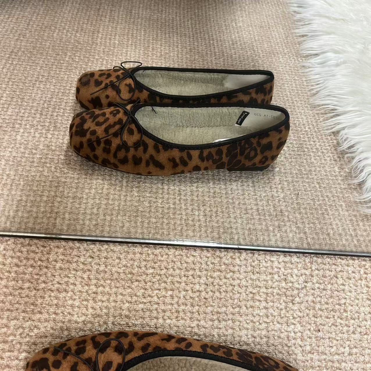 豹纹加绒棉鞋芭蕾舞鞋浅口平底单