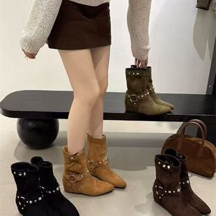 复古短筒西部牛仔靴女铆钉尖头显瘦堆堆靴低跟短靴女骑士靴瘦瘦靴
