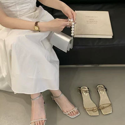 法式低跟一字带凉鞋仙女罗马鞋