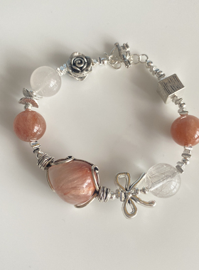 天然水晶粉兔毛蝴蝶结手链女款银发晶单圈手串女友闺蜜白兔毛礼物