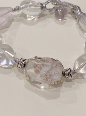 天然仙女粉幽灵随形手链白水晶糖豆紫水晶蝴蝶结粉水晶手串礼物