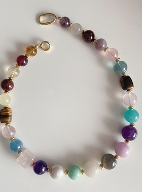 天然多宝项链灰白兔毛紫超七红胶花粉水黄塔晶天河石萤石月光石