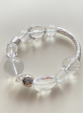 天然白水晶半镯手链女款925银单圈手串六芒星光粉水晶女友礼物