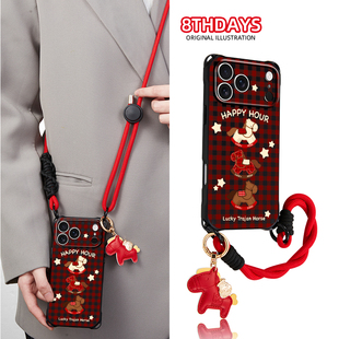 格纹小木马手机壳适用苹果17promax腕带手提绳16plus手机挂件14马上有钱13高级12华为pura80时尚小米15新年红