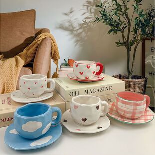 高颜值ins 釉下彩下午茶咖啡杯早餐牛奶杯 手绘不规则陶瓷杯碟套装
