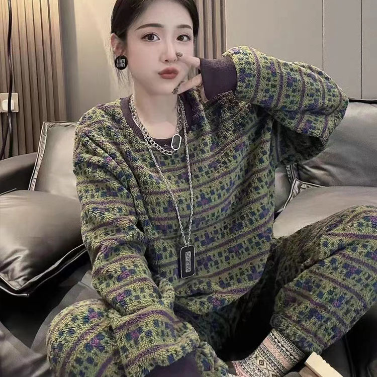 女奥利绒复古格子毛毛睡衣家居服