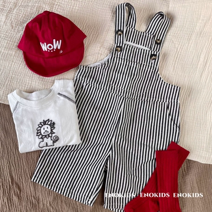 春装儿童文艺竖条纹背带裤80-130宝宝柔软北欧小狮子长袖T恤外贸