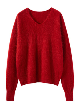 徕倩羊绒柔雾感拉绒毛衣针织衫女秋冬V领打底衫长毛拉绒BM KT6182