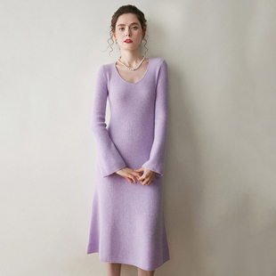 羊毛BM u领羊绒针织喇叭袖 女装 流行爆款 KT6168 连衣裙2025新款