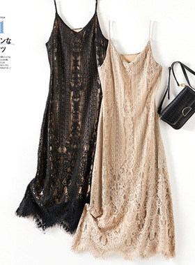 2024女夏季气质连衣裙黑色修身 法式钩花蕾丝吊带裙女 ZJ OP6448