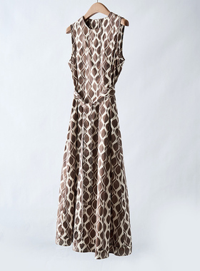 徕倩2025新款女装纯棉几何印花系带圆领无袖长款连衣裙YN OP6543