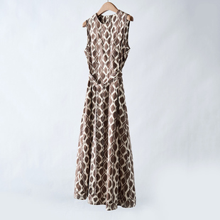 徕倩2025新款女装纯棉几何印花系带圆领无袖长款连衣裙YN OP6543