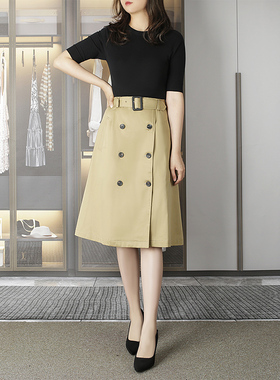 徕倩a字半身裙高腰显瘦女秋季新款百搭复古双排扣半裙 SK6025