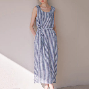 亚麻色织条纹连衣裙宽松文艺收腰背心裙2025新款 OP6524 女装