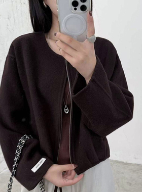 徕倩25秋冬简约圆领拉链羊毛双面呢大衣短款百搭外套SH JK3971