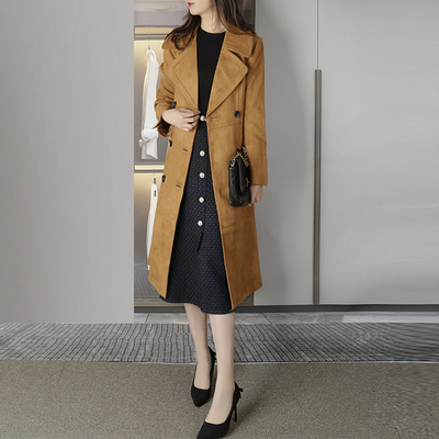 麂皮绒风衣女中长款风衣