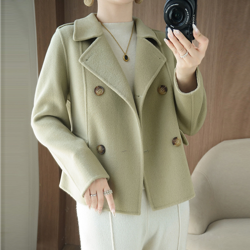 双面100%纯大衣女短款双排扣