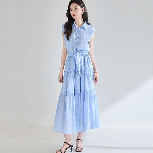 假两件连衣裙女条纹衬衫裙