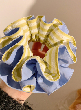 韩系新款黄色条纹双层大肠发圈女高级感小清新头饰发绳扎头发超大