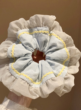 慵懒风蓝色条纹花边大肠发圈女韩系高级感复古头饰发绳扎头发超大