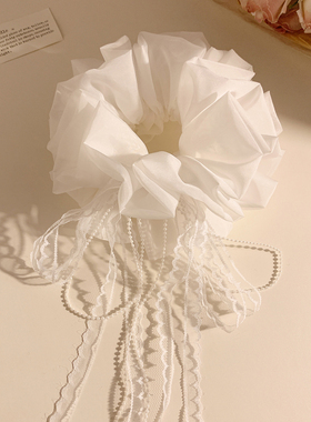 高级感白色蝴蝶结飘带大肠发圈女法式复古温柔重工头绳扎头发发饰