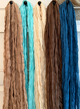 韩版薄荷绿棉麻褶皱丝巾女高级感复古系脖围巾长条配饰披肩新款